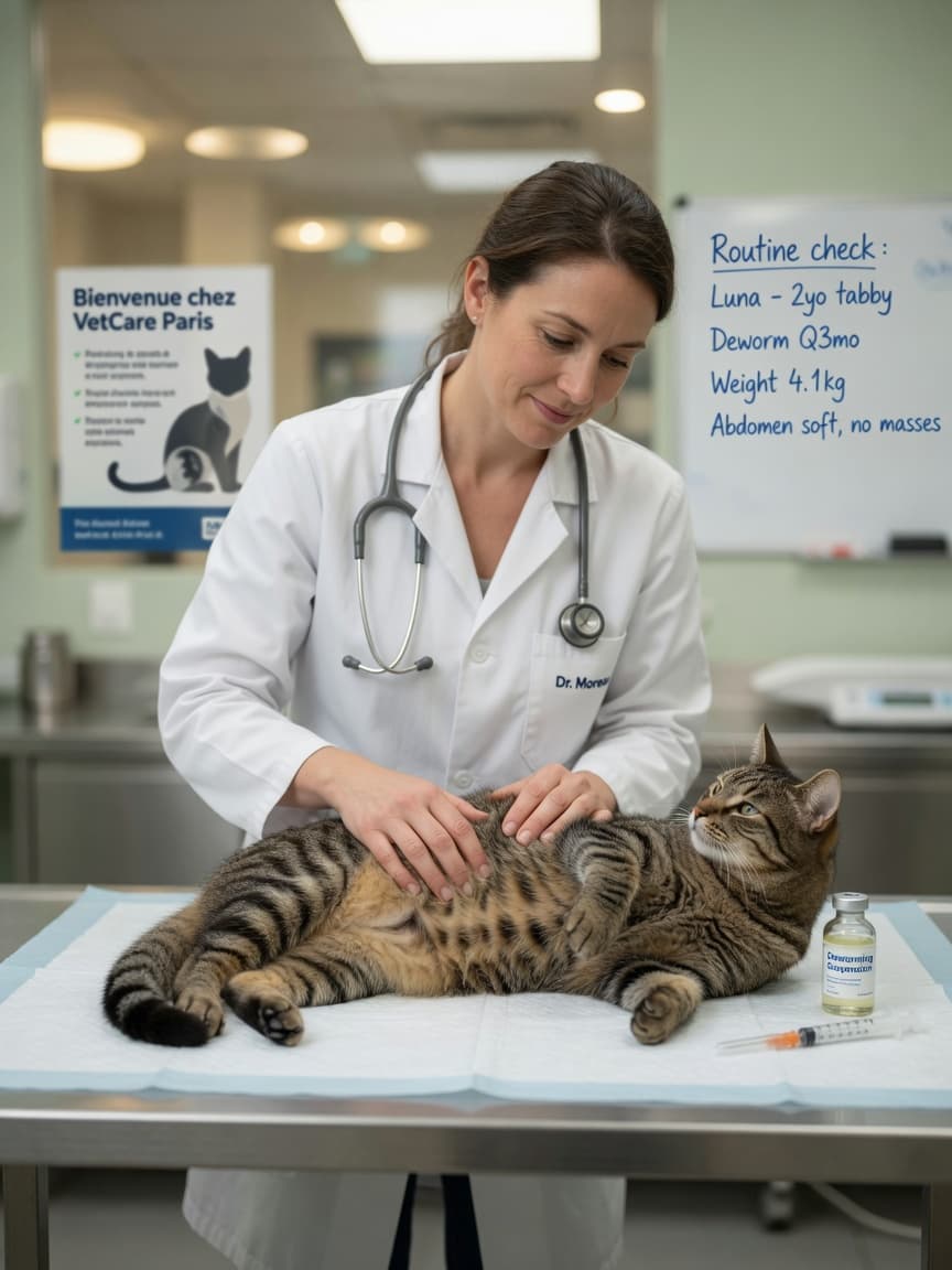 Veterinarian examining a tabby cat during a wellness check with deworming medication visible