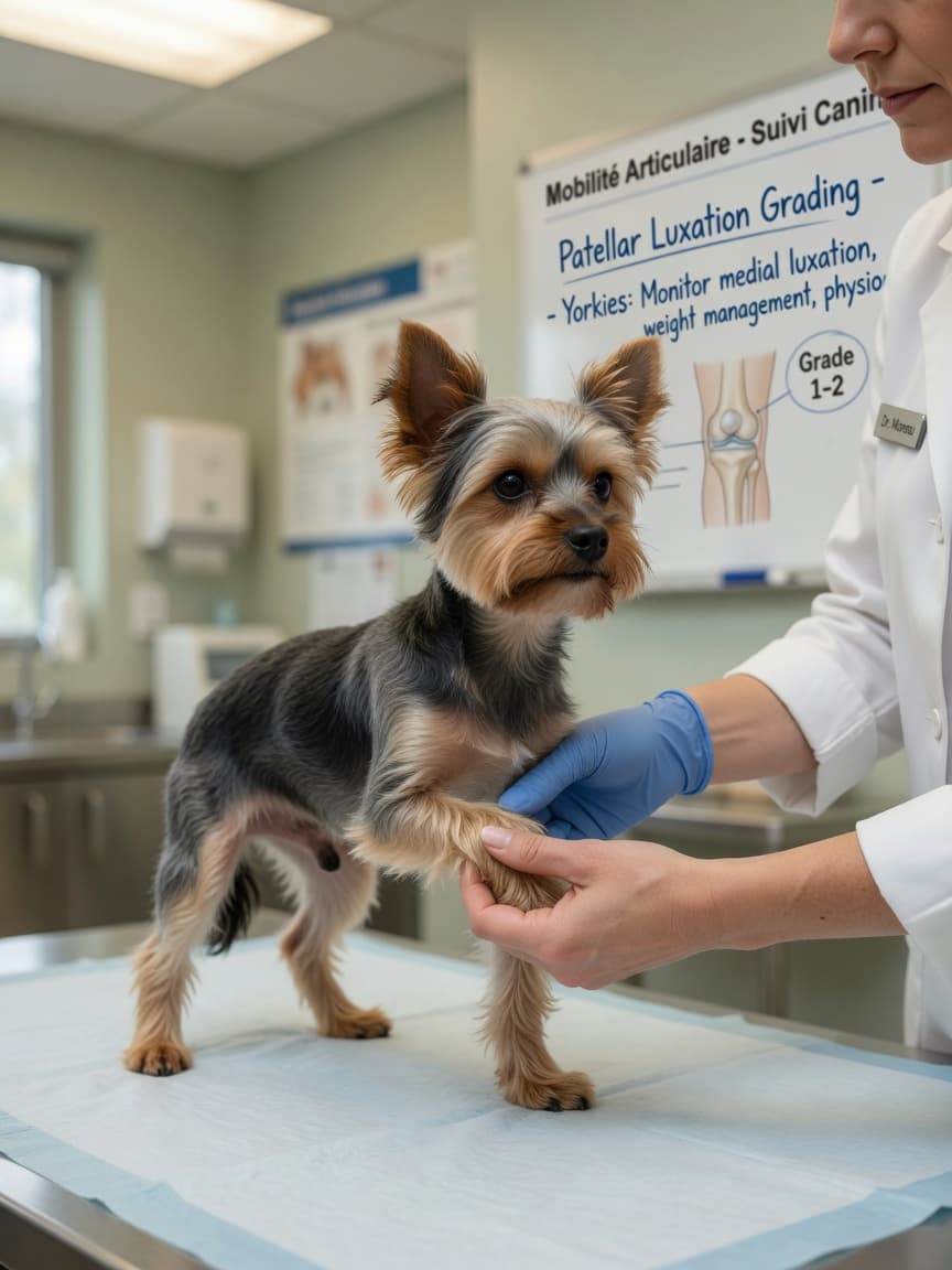 Yorkshire Terrier undergoing veterinary examination for joint and mobility assessment