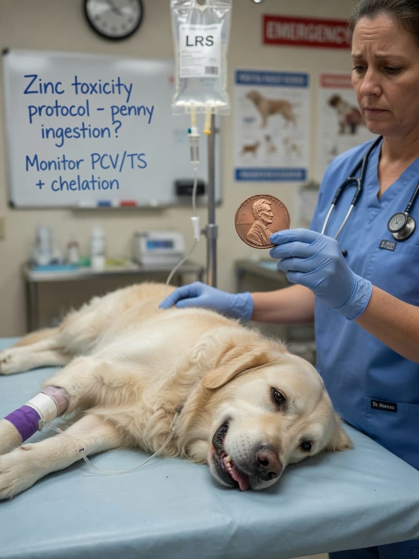 Emergency veterinary examination of a golden retriever with a post-1982 penny held up by a vet to demonstrate zinc toxicity risk